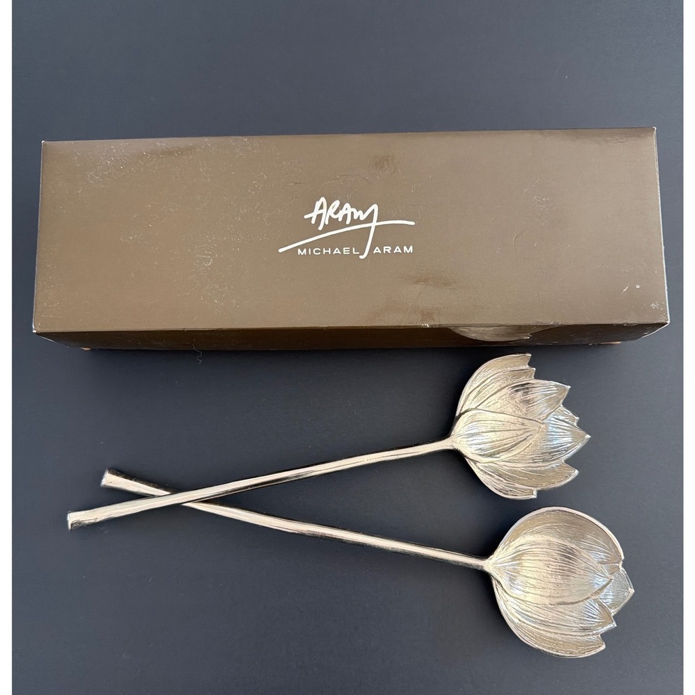 Michael Aram Lotus Blossom Serving Set Nickel Plate Floral Salad Servers